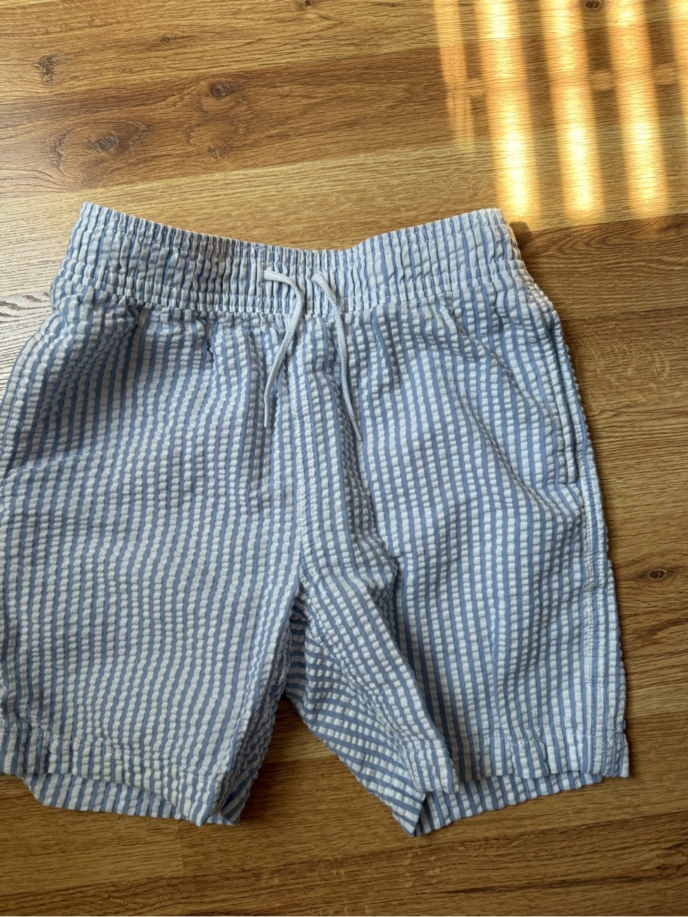 JCrew Factory Blue & White Striped Seersucker Drawstring Swim Trunks